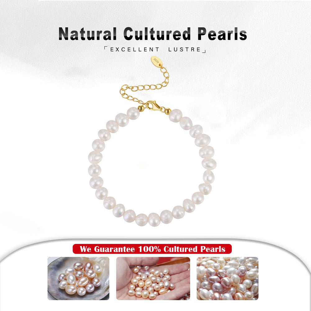 Cultured Freashwater Pearl 14K Gold Plated 925 Sterling Silver Fully Round Beaded Bracelet