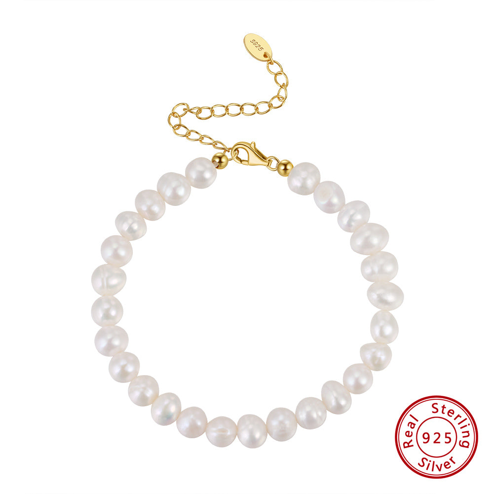 Cultured Freashwater Pearl 14K Gold Plated 925 Sterling Silver Fully Round Beaded Bracelet