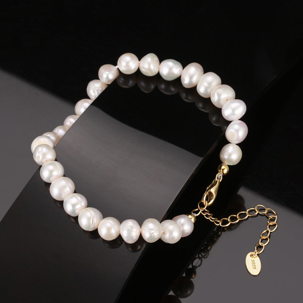 Cultured Freashwater Pearl 14K Gold Plated 925 Sterling Silver Fully Round Beaded Bracelet