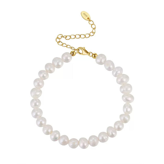 Cultured Freashwater Pearl 14K Gold Plated 925 Sterling Silver Fully Round Beaded Bracelet
