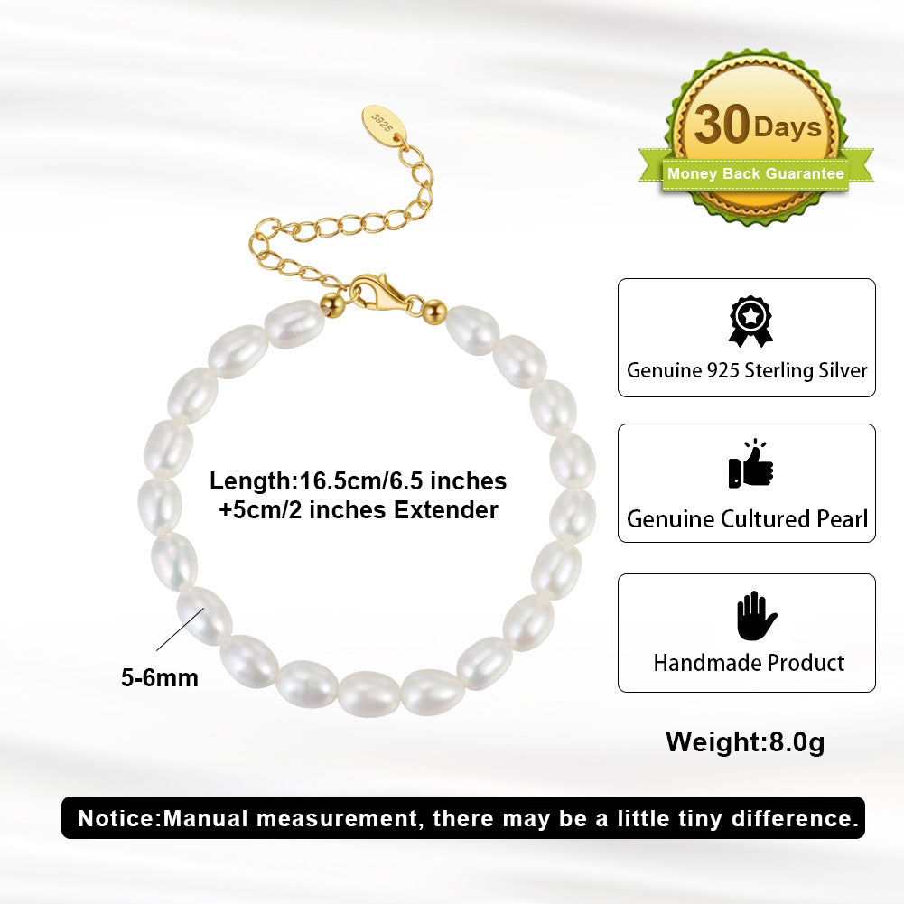 Cultured Freashwater Pearl 14K Gold Plated 925 Sterling Silver Fully Beaded Bracelet