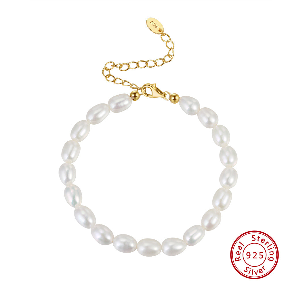 Cultured Freashwater Pearl 14K Gold Plated 925 Sterling Silver Fully Beaded Bracelet