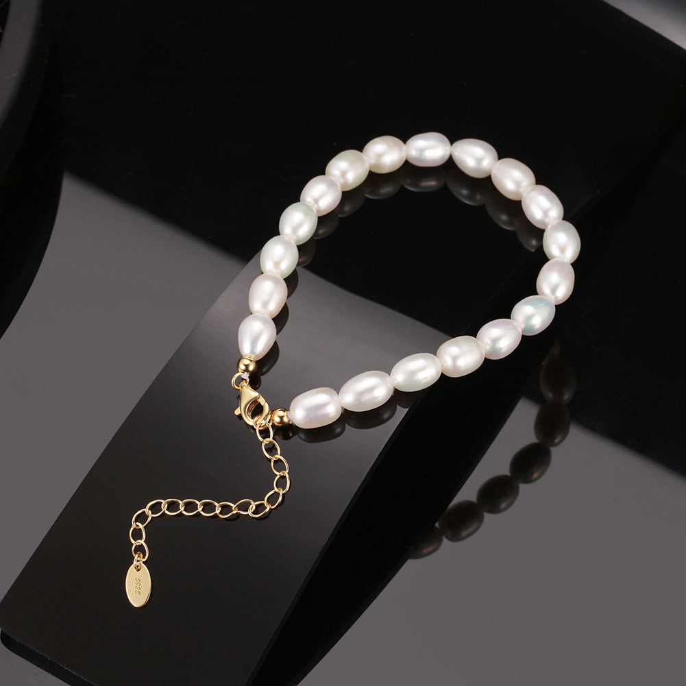 Cultured Freashwater Pearl 14K Gold Plated 925 Sterling Silver Fully Beaded Bracelet