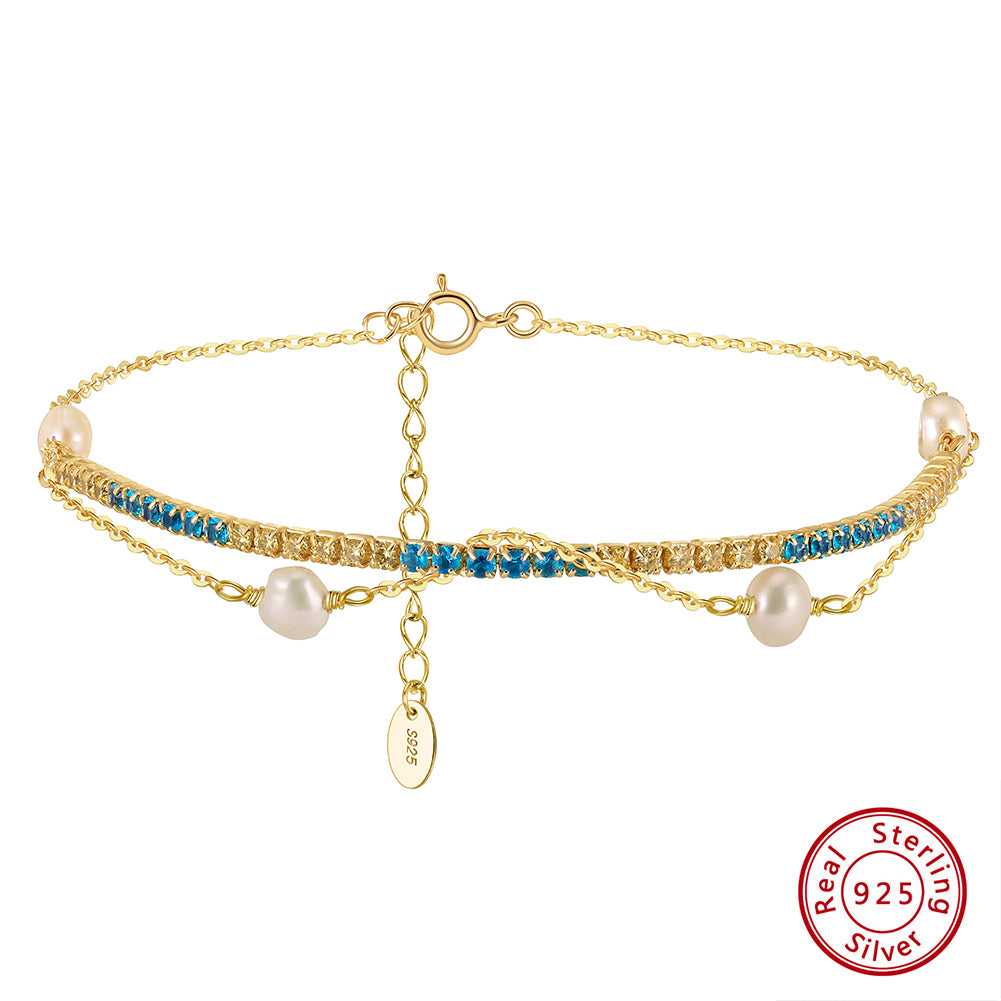 Cultured Freshwater Pearl 14K Gold Plated 925 Silver Ocean Blue Tennis Bracelet