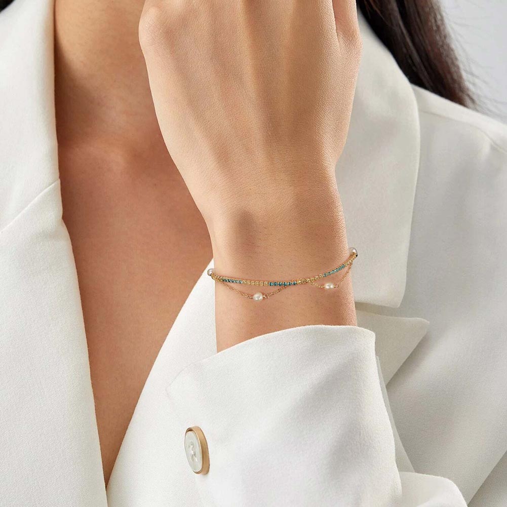 Cultured Freshwater Pearl 14K Gold Plated 925 Silver Ocean Blue Tennis Bracelet