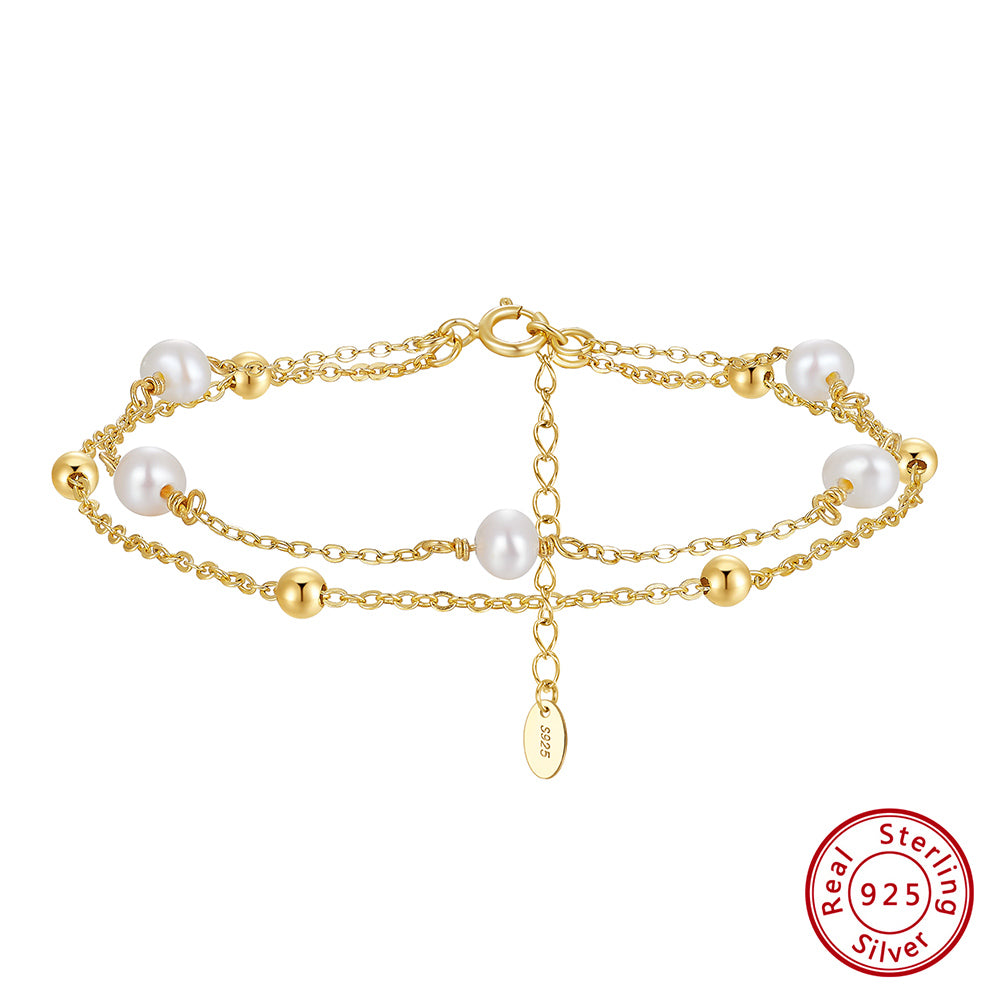 Cultured Freshwater Pearl 14K Gold Plated 925 Sterling Silver Stacking Bracelet