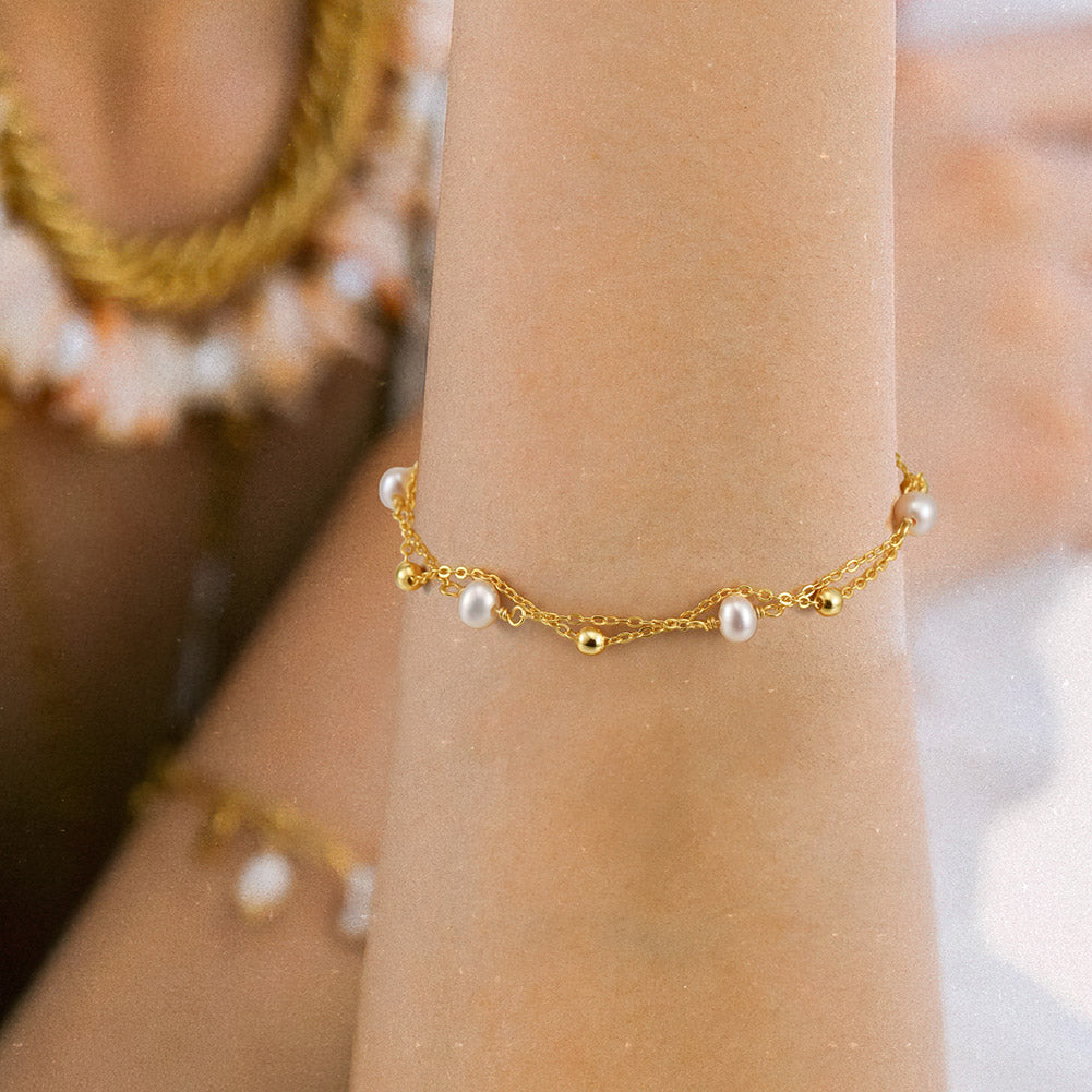 Cultured Freshwater Pearl 14K Gold Plated 925 Sterling Silver Stacking Bracelet