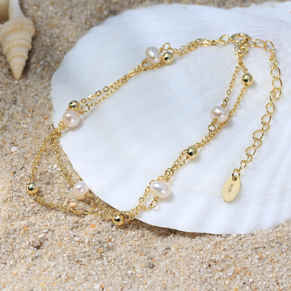 Cultured Freshwater Pearl 14K Gold Plated 925 Sterling Silver Stacking Bracelet