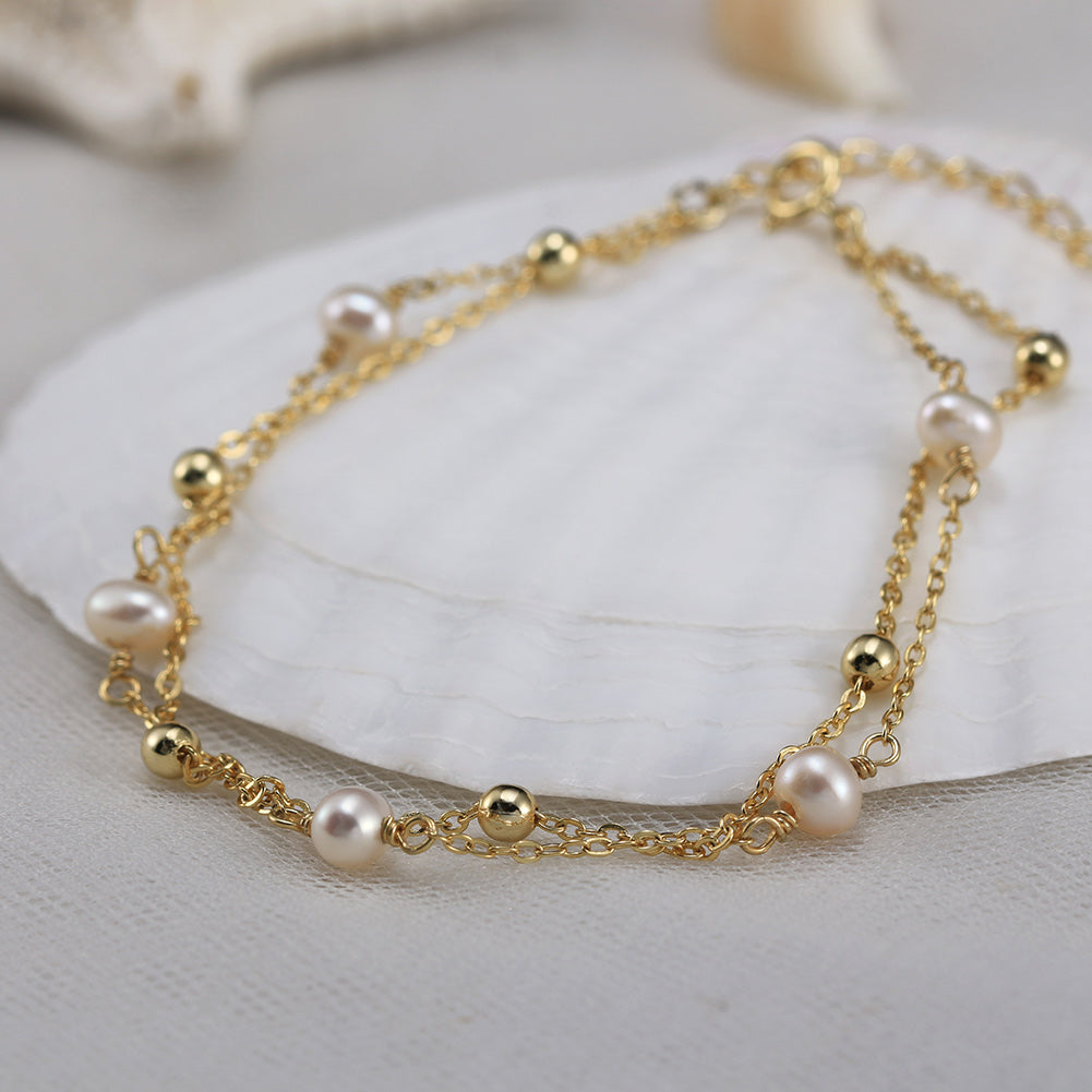 Cultured Freshwater Pearl 14K Gold Plated 925 Sterling Silver Stacking Bracelet