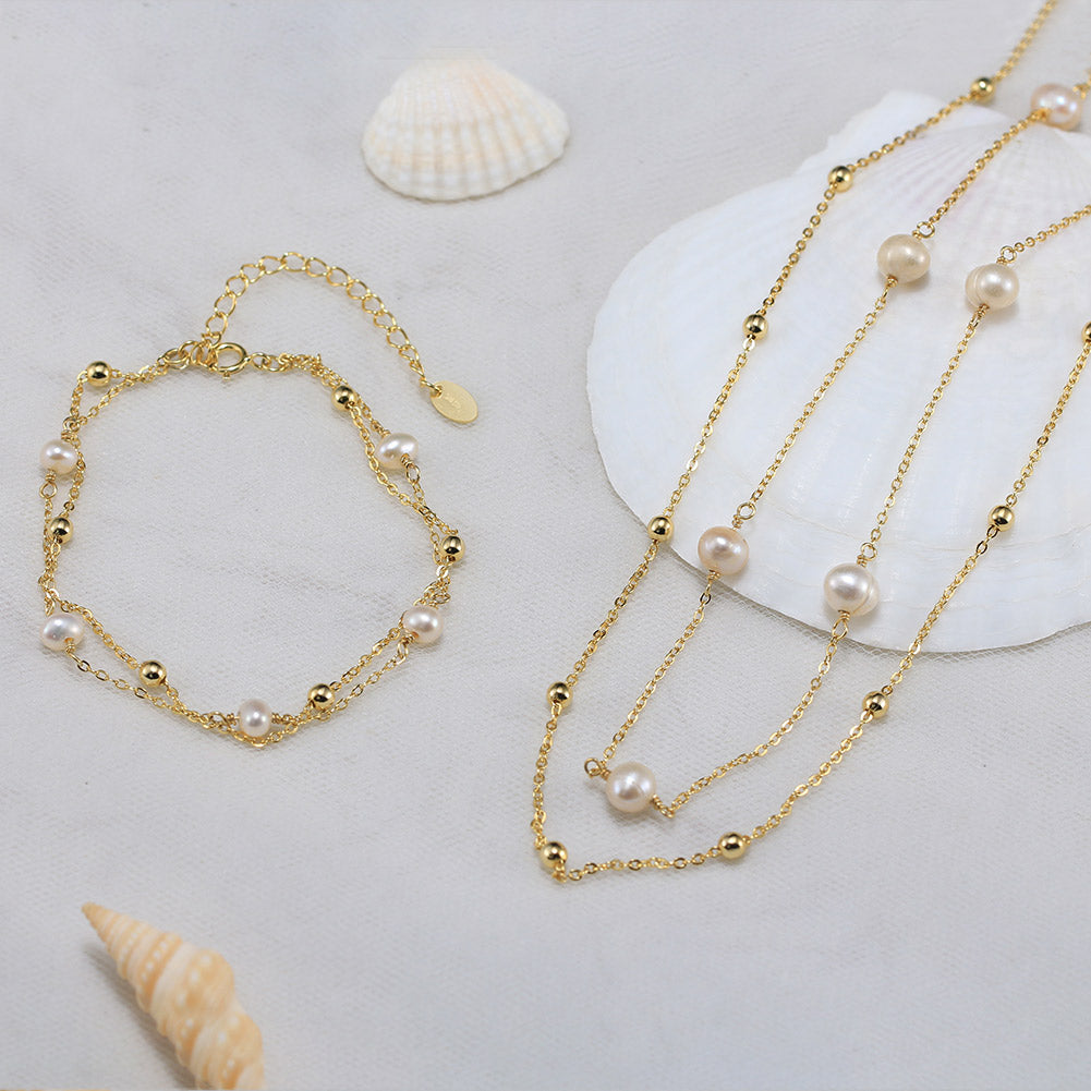 Cultured Freshwater Pearl 14K Gold Plated 925 Sterling Silver Stacking Bracelet