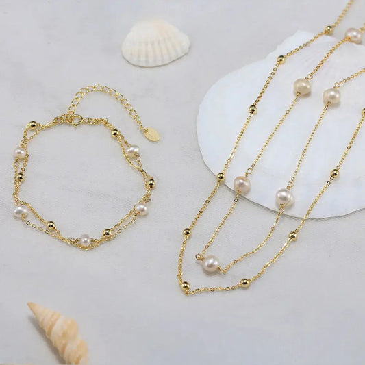 Cultured Freshwater Pearl 14K Gold Plated 925 Sterling Silver Stacking Bracelet TQ