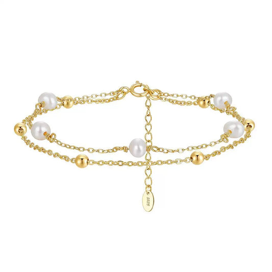 Cultured Freshwater Pearl 14K Gold Plated 925 Sterling Silver Stacking Bracelet