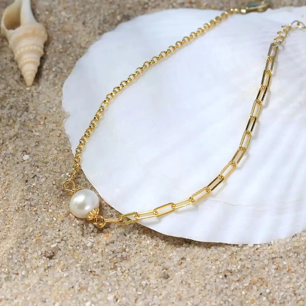 Cultured Freshwater Pearl 14K Gold Plated 925 Sterling Silver Paperclip Necklace Bracelet Set