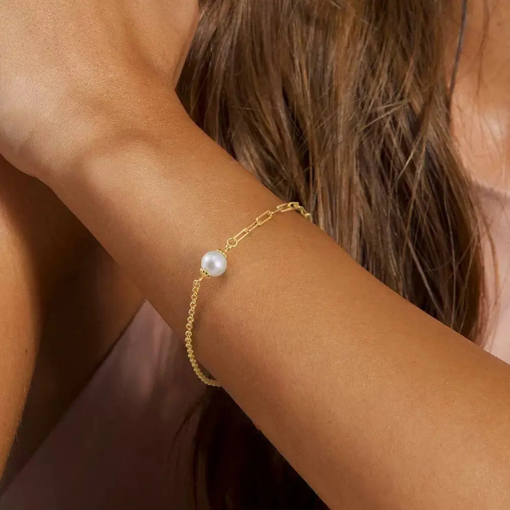 Cultured Freshwater Pearl 14K Gold Plated 925 Sterling Silver Paperclip Necklace Bracelet Set