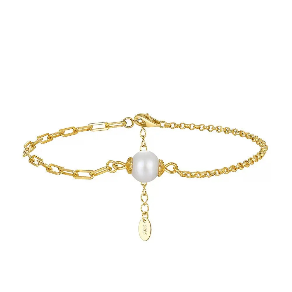 Cultured Freshwater Pearl 14K Gold Plated 925 Sterling Silver Paperclip Necklace Bracelet Set