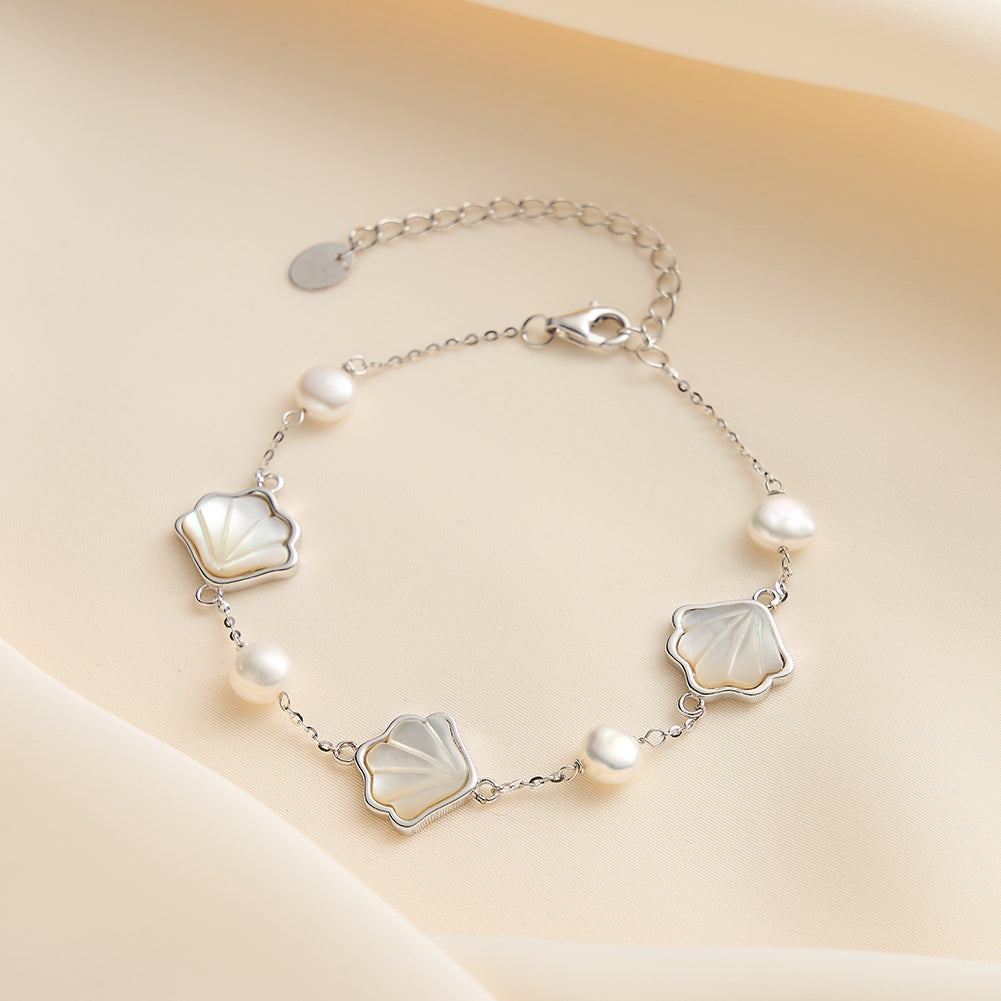Cultured Freshwater Pearl 14K Gold Plated Natural Shell 925 Sterling Silver Bracelet