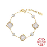 Cultured Freshwater Pearl 14K Gold Plated Natural Shell 925 Sterling Silver Bracelet