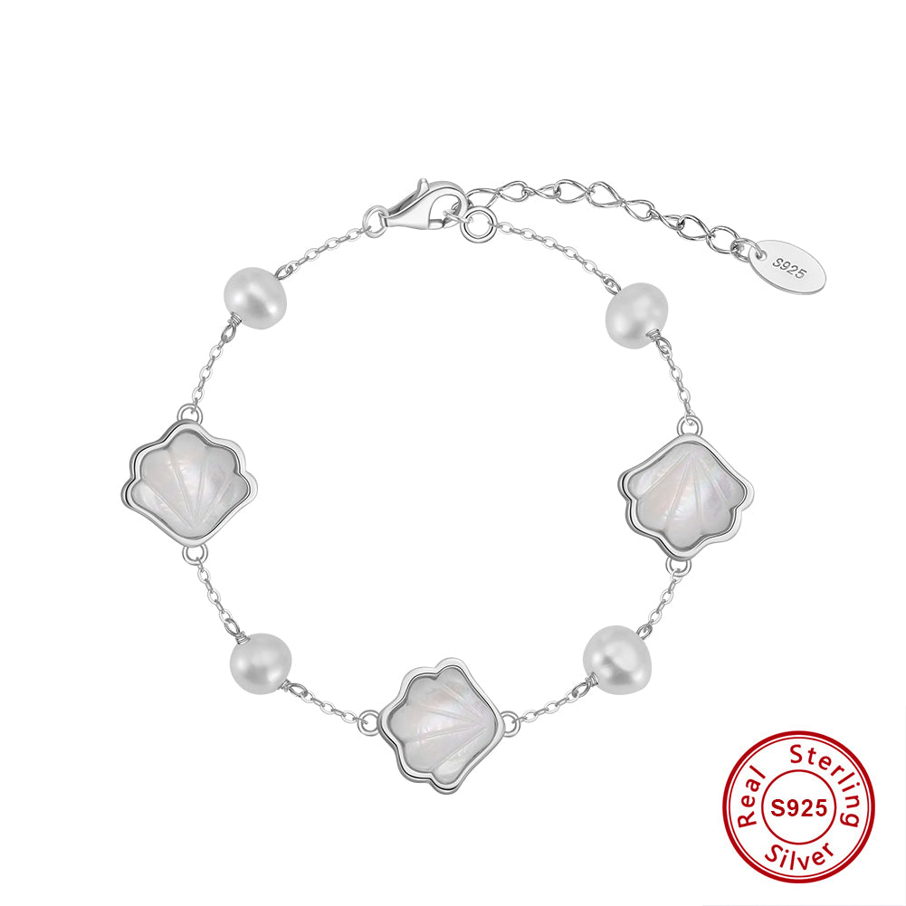 Cultured Freshwater Pearl 14K Gold Plated Natural Shell 925 Sterling Silver Bracelet