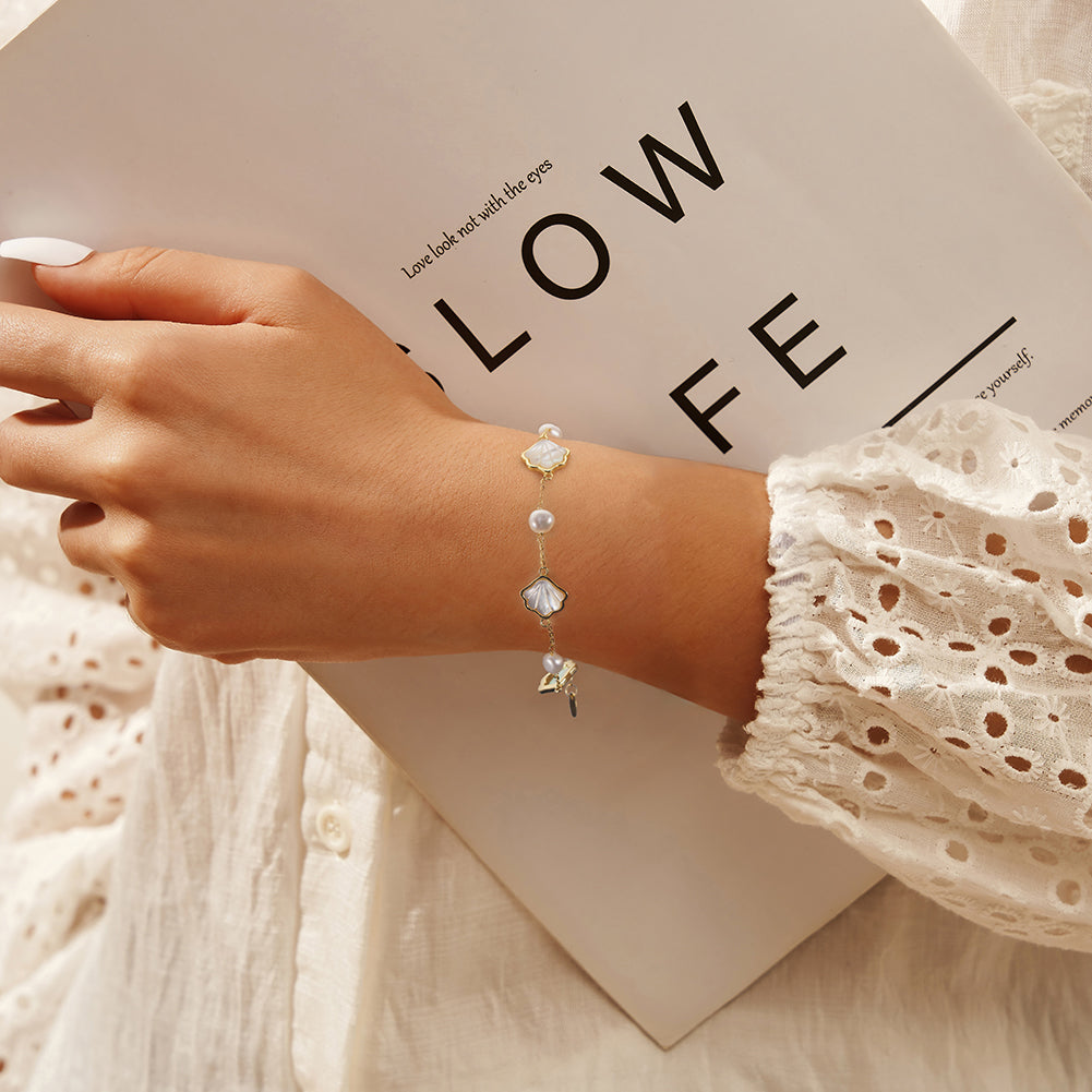 Cultured Freshwater Pearl 14K Gold Plated Natural Shell 925 Sterling Silver Bracelet
