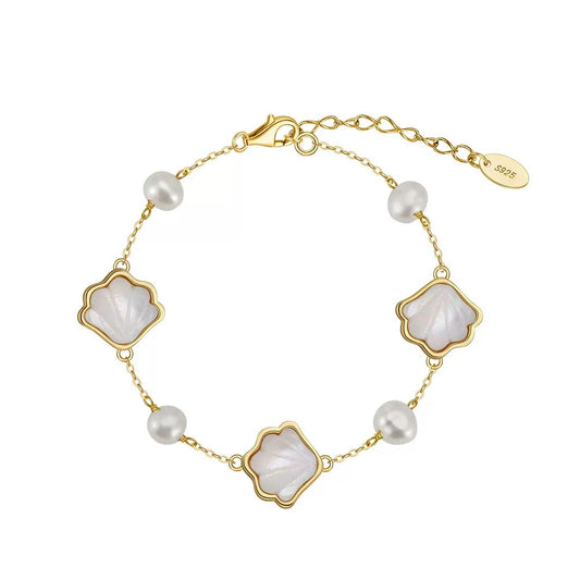 Cultured Freshwater Pearl 14K Gold Plated Natural Shell 925 Sterling Silver Bracelet