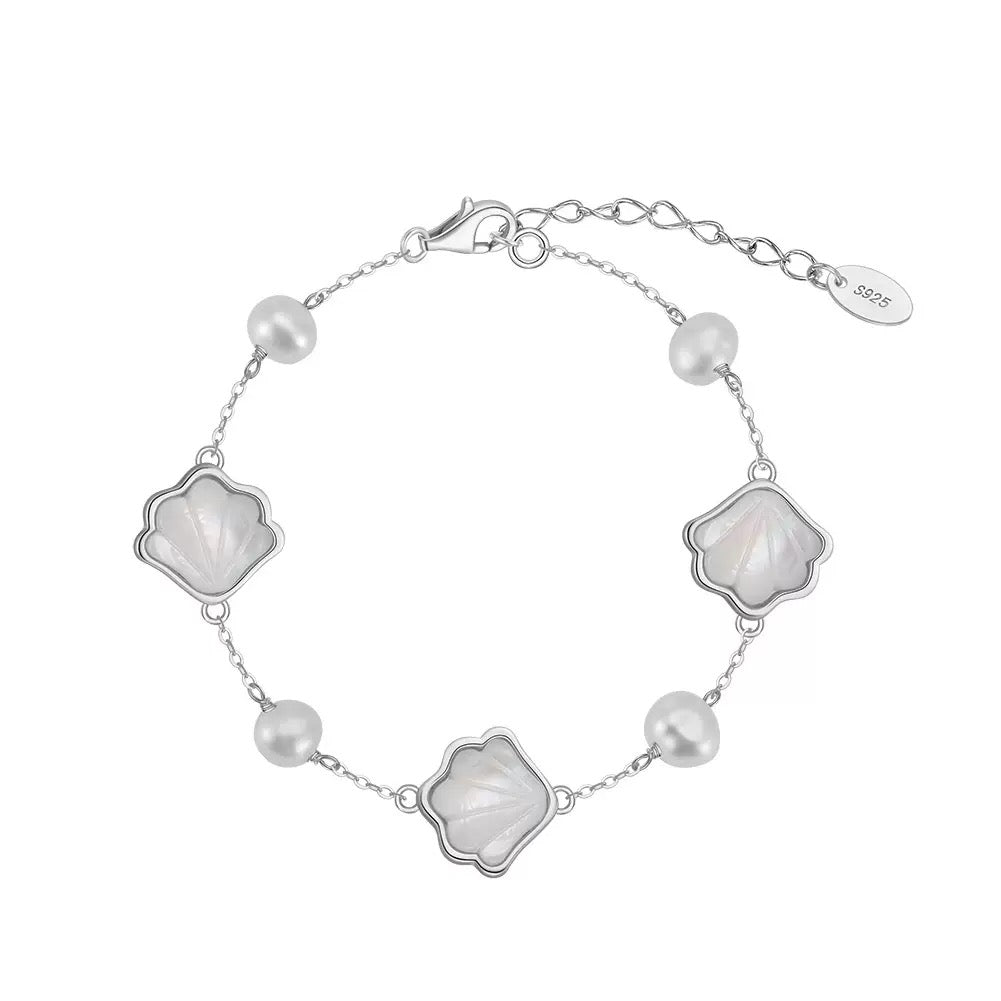 Cultured Freshwater Pearl 14K Gold Plated Natural Shell 925 Sterling Silver Bracelet
