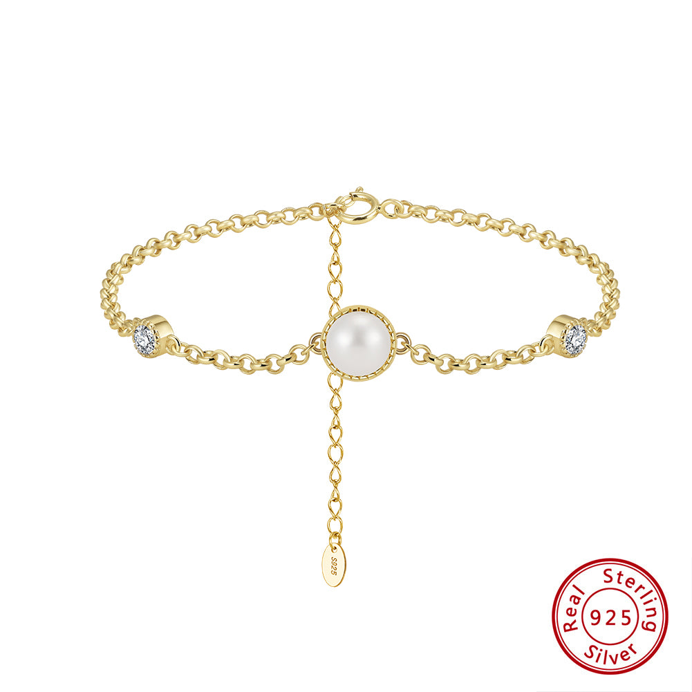 Cultured Freshwater Pearl 14K Gold Plated 925 Sterling Silver Double Zircon Bracelet