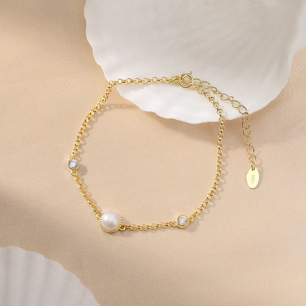 Cultured Freshwater Pearl 14K Gold Plated 925 Sterling Silver Double Zircon Bracelet