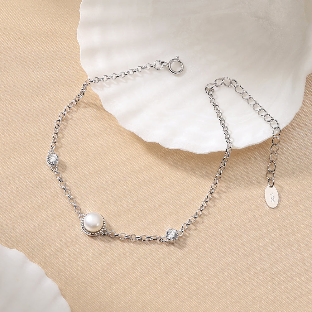 Cultured Freshwater Pearl 14K Gold Plated 925 Sterling Silver Double Zircon Bracelet
