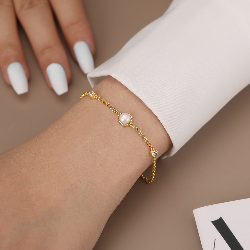 Cultured Freshwater Pearl 14K Gold Plated 925 Sterling Silver Double Zircon Bracelet