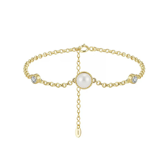 Cultured Freshwater Pearl 14K Gold Plated 925 Sterling Silver Double Zircon Bracelet