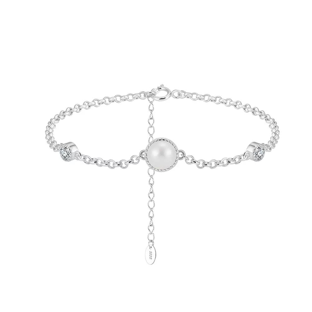 Cultured Freshwater Pearl 14K Gold Plated 925 Sterling Silver Double Zircon Bracelet
