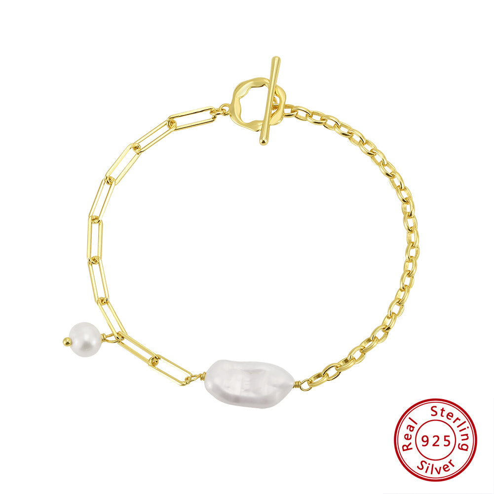 Cultured Freshwater Pearl 14K Gold Plated 925 Sterling Silver Baroque Bracelet