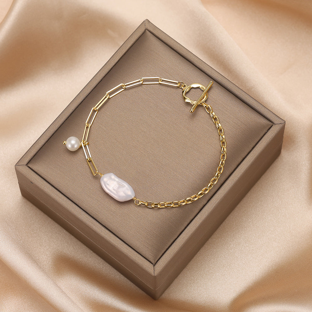Cultured Freshwater Pearl 14K Gold Plated 925 Sterling Silver Baroque Bracelet
