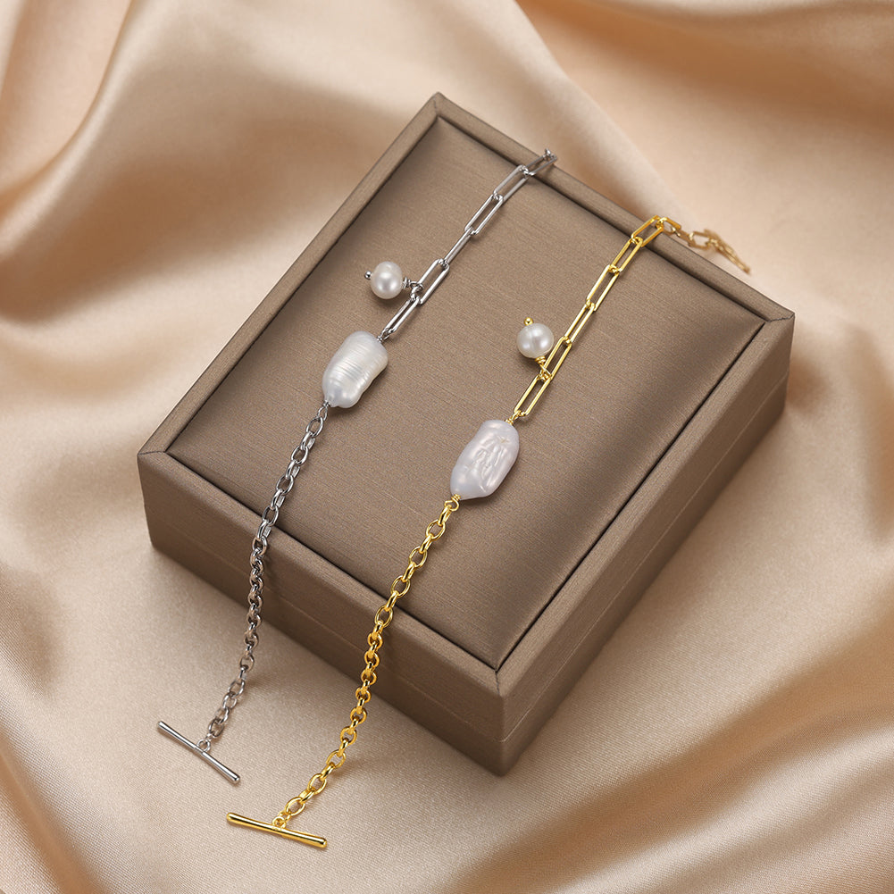 Cultured Freshwater Pearl 14K Gold Plated 925 Sterling Silver Baroque Bracelet