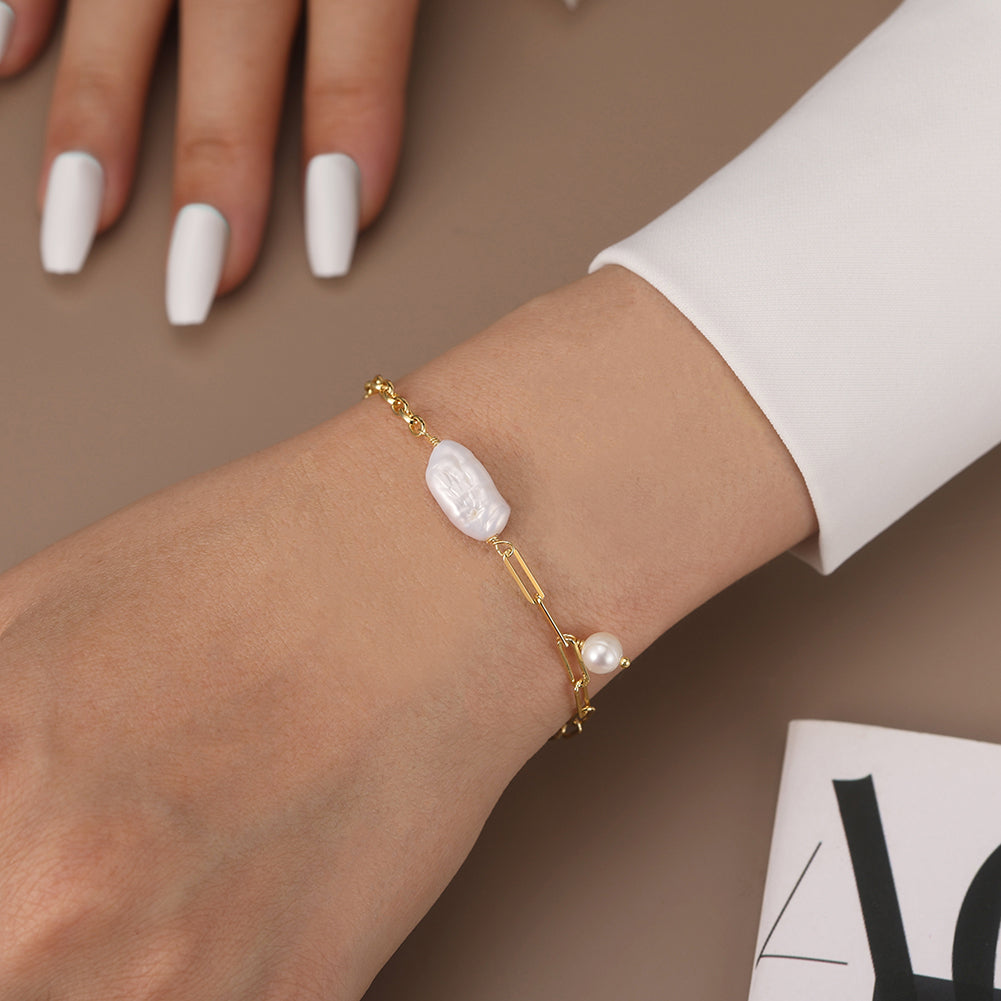 Cultured Freshwater Pearl 14K Gold Plated 925 Sterling Silver Baroque Bracelet