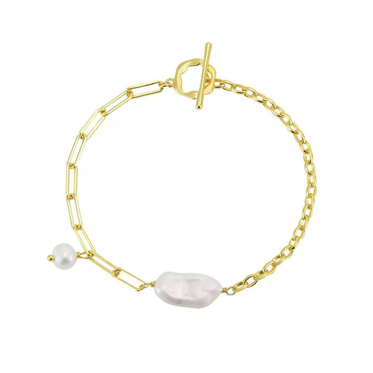 Cultured Freshwater Pearl 14K Gold Plated 925 Sterling Silver Baroque Bracelet