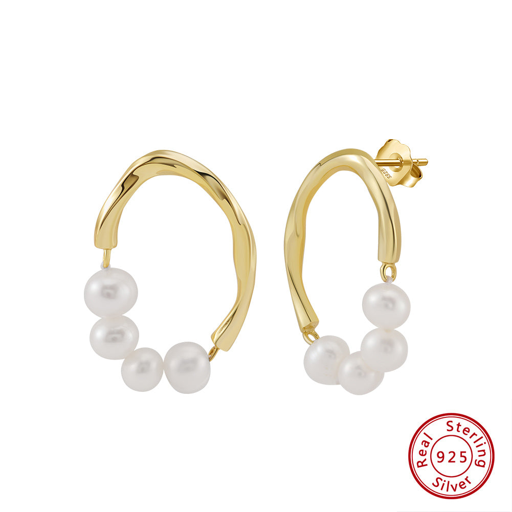 Freashwater Pearl 925 Sterling Silver 14K Gold Plated Large Hoop Earrings