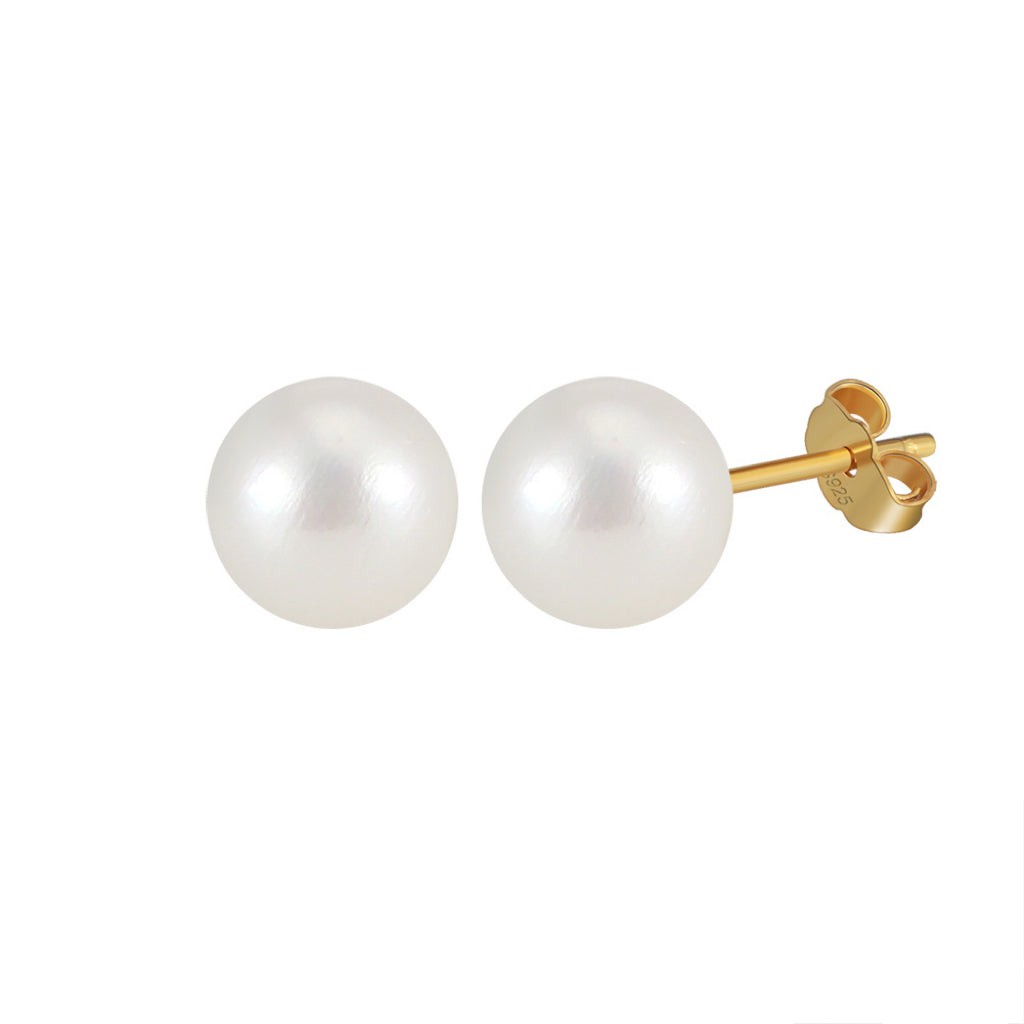 Freashwater Pearl 14K Gold Plated 925 Sterling Silver Perfect Round Pearl Earrings