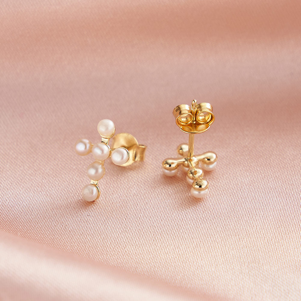 Cultured Freashwater Pearl 14K Gold Plated 925 Sterling Silver Cross Earrings