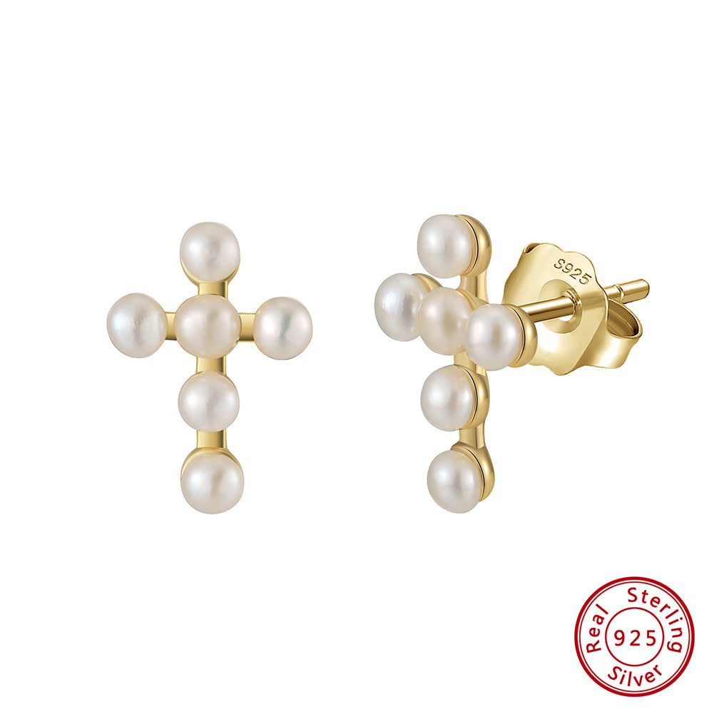 Cultured Freashwater Pearl 14K Gold Plated 925 Sterling Silver Cross Earrings