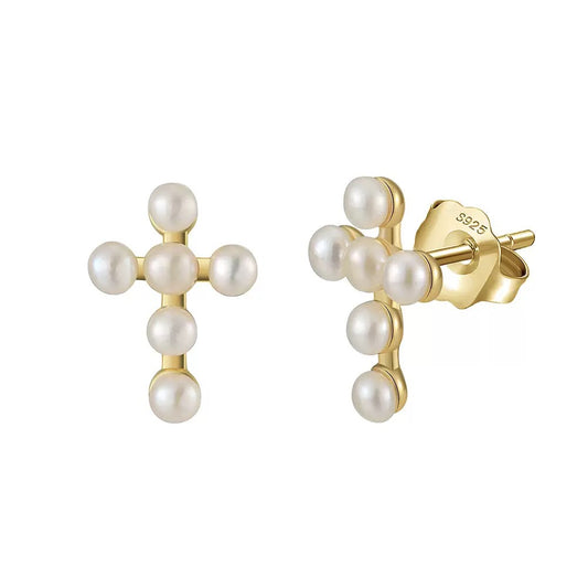 Cultured Freashwater Pearl 14K Gold Plated 925 Sterling Silver Cross Earrings