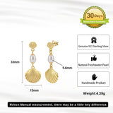Cultured Freashwater Pearl 925 Sterling Silver 14K Gold Plated Shell Fan Earrings