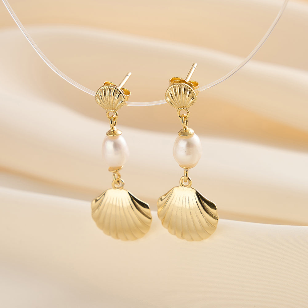 Cultured Freashwater Pearl 925 Sterling Silver 14K Gold Plated Shell Fan Earrings