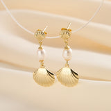 Cultured Freashwater Pearl 925 Sterling Silver 14K Gold Plated Shell Fan Earrings