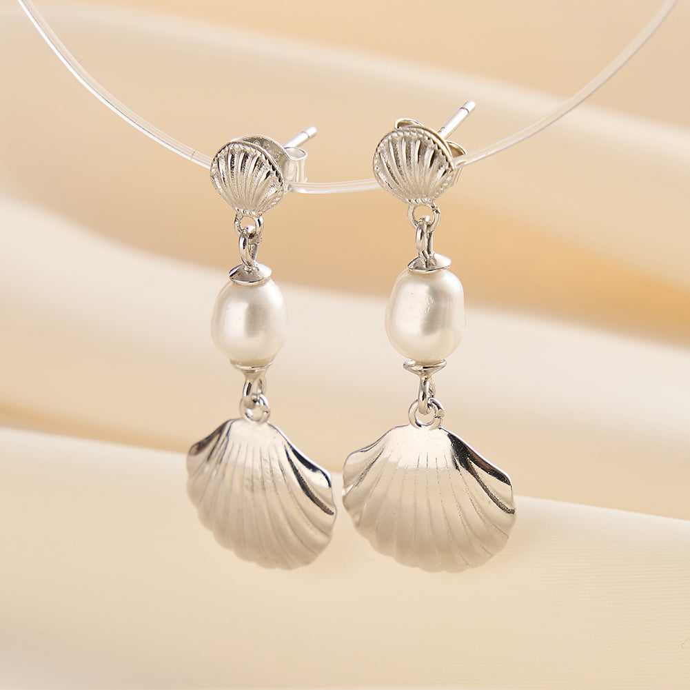 Cultured Freashwater Pearl 925 Sterling Silver 14K Gold Plated Shell Fan Earrings