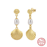 Cultured Freashwater Pearl 925 Sterling Silver 14K Gold Plated Shell Fan Earrings