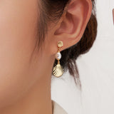 Cultured Freashwater Pearl 925 Sterling Silver 14K Gold Plated Shell Fan Earrings