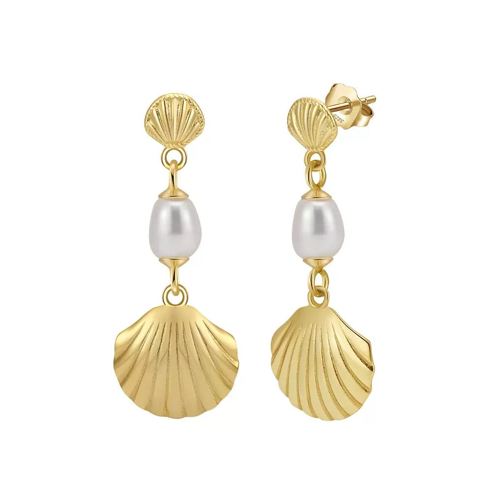 Cultured Freashwater Pearl 925 Sterling Silver 14K Gold Plated Shell Fan Earrings