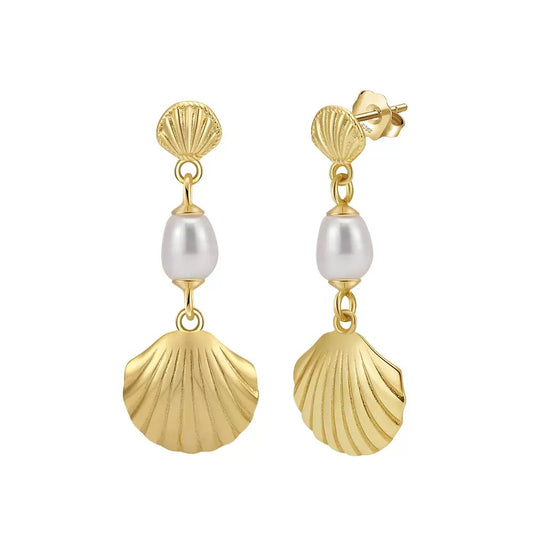 Cultured Freashwater Pearl 925 Sterling Silver 14K Gold Plated Shell Fan Earrings