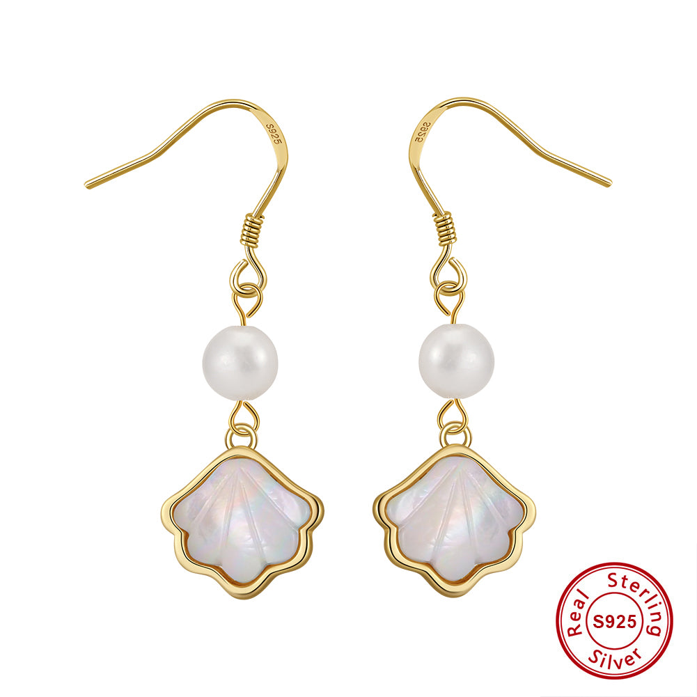 Cultured Freashwater Pearl 14K Gold Plated 925 Sterling Silver Natural Shell Earrings